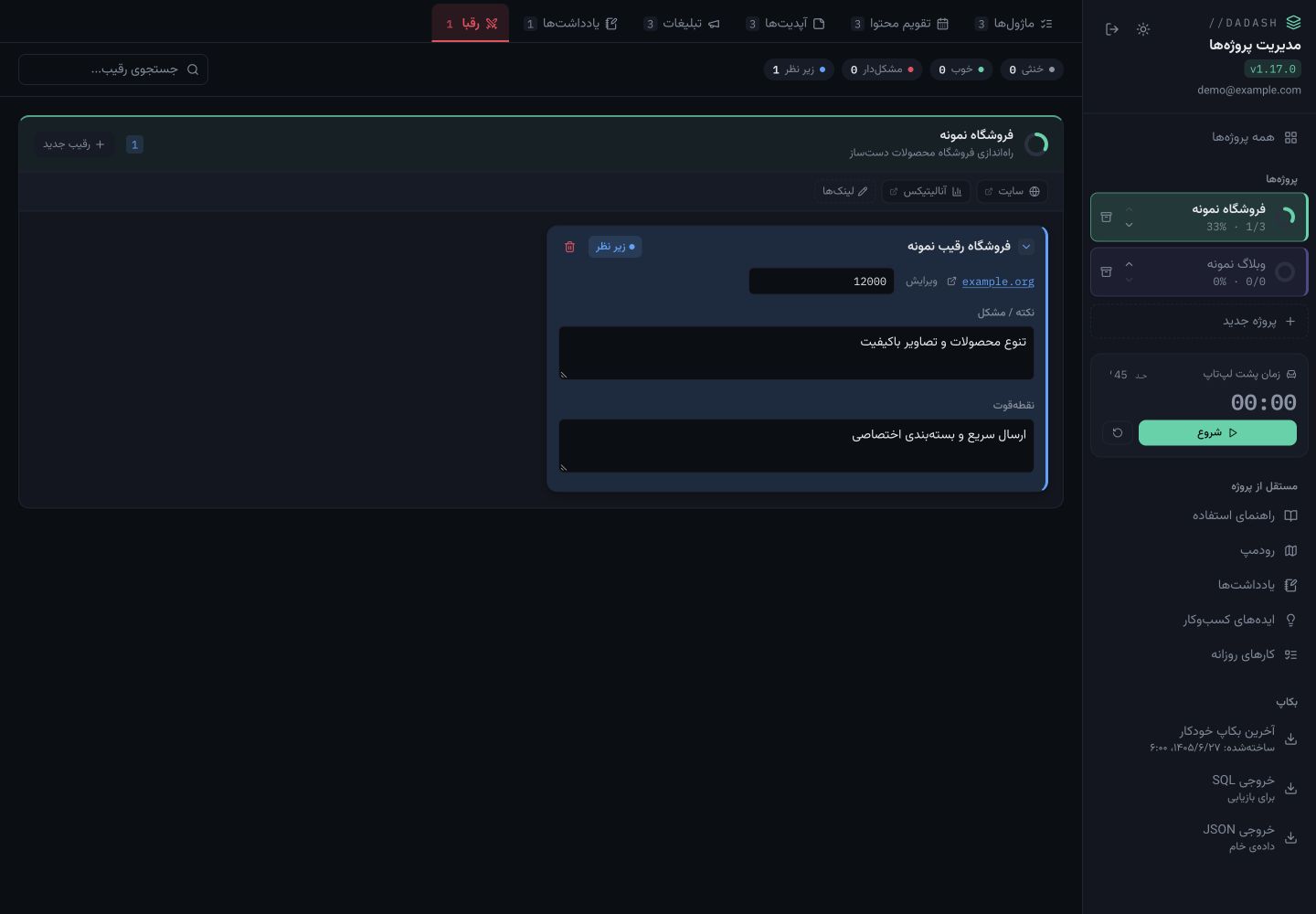 تصویر بخش لینک‌ها و رقبا در پنل داداش با اطلاعات نمونه